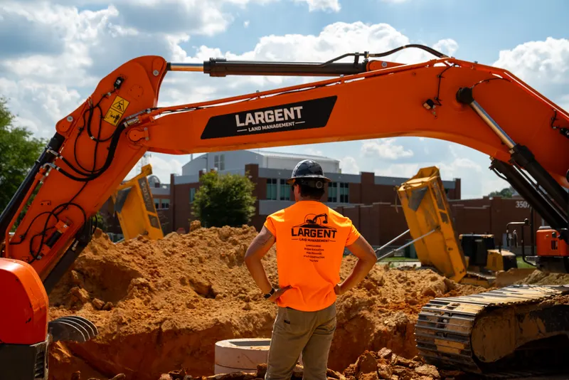 Largent crew member watching an excavator work a storm trench