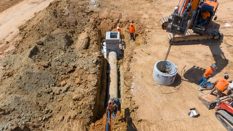 Aerial view of storm pipe in an open trench beside a precast manhole