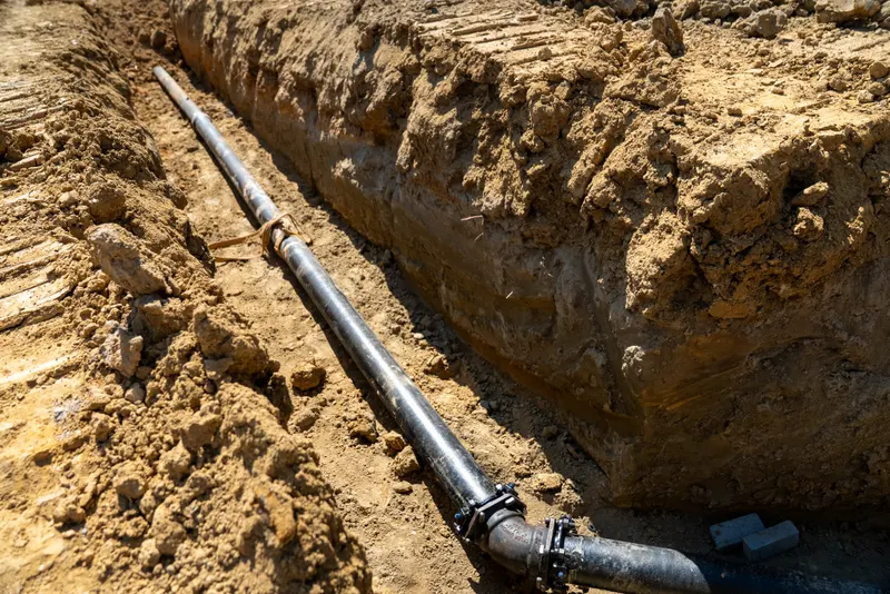 Ductile iron water pipe bedded in an open trench