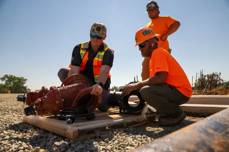 Crew checking a valve assembly before it goes in the ground